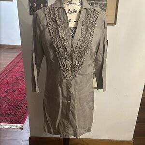 Gray Button-Up 100% Linen Shirt/ Dress with Ruffle Detail, Made in Italy EU 45